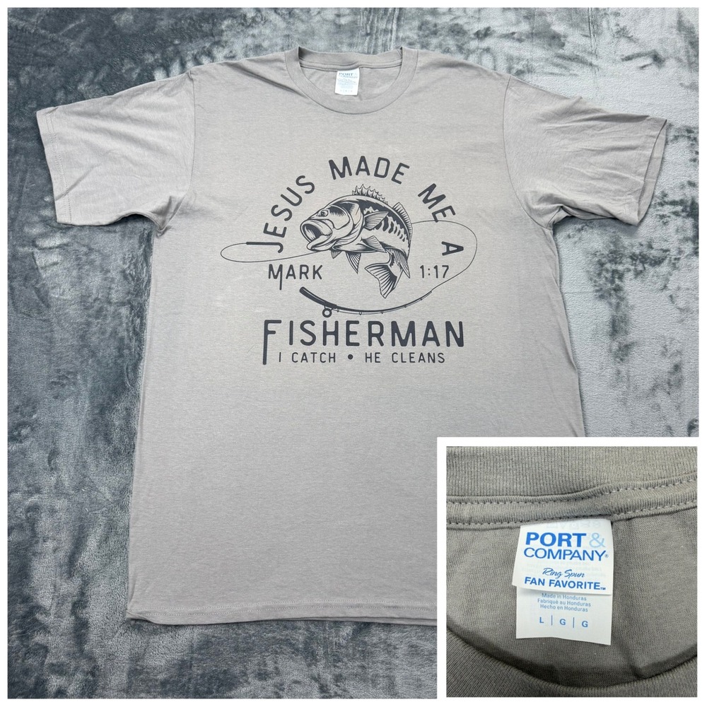 Port & Company Jesus Made Me A Fisherman T-Shirt Mens Large Grey‎ Mark 1:17 Bass